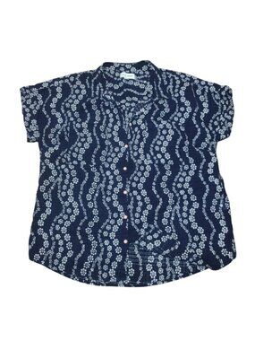 Alex & Jordan Womens Navy Floral Button-Up Blouse Short Sleeve Cotton Size M.